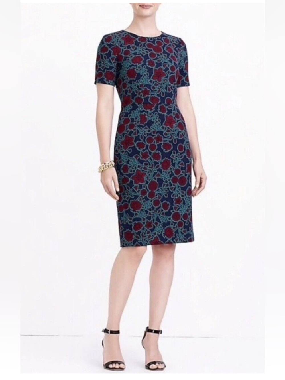 J Crew Factory Floral Print Short Sleeve Sheath Dress Size 6 Navy Blue Green